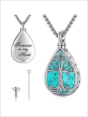 925 Sterling Silver Turquoise Tree of Life Urn Pendant Necklace for Ashes
